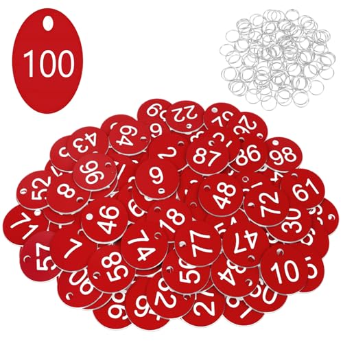 Flintronic 100 Stück Kunststoff Nummernschilder, ID-Nummernschilder aus Kunststoff, Kleine Wasserdichte Zahlenmarken, ID Tags mit Loch, mit Schlüsselringe, für Garderobe Hotel(Rot, 1-100) von flintronic