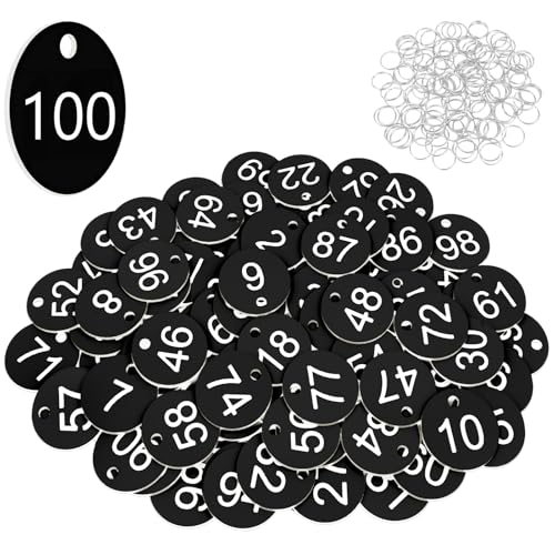 Flintronic 100 Stück Kunststoff Nummernschilder, ID-Nummernschilder aus Kunststoff, Kleine Wasserdichte Zahlenmarken, ID Tags mit Loch, mit Schlüsselringe, für Garderobe Hotel(Schwarz, 1-100) von flintronic