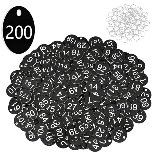 Flintronic 200 Stück Kunststoff Nummernschilder, ID-Nummernschilder aus Kunststoff, Kleine Wasserdichte Zahlenmarken, ID Tags mit Loch, mit Schlüsselringe, für Garderobe Hotel(Schwarz, 1-200) von flintronic