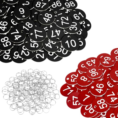 Flintronic 200 Stück Kunststoff Nummernschilder, ID-Nummernschilder aus Kunststoff, Kleine Wasserdichte Zahlenmarken, ID Tags mit Loch, mit Schlüsselringe, für Hotel(Schwarz, 1-100/Rot, 1-100) von flintronic