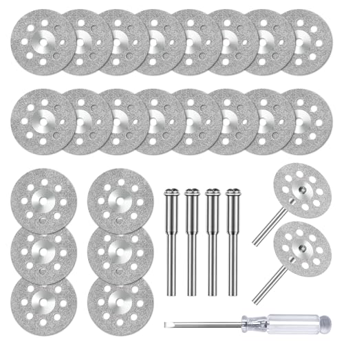 Flintronic 24 Stück Diamant Trennscheiben 22mm, Mini Gelochte Trennscheiben-Diamant, für Dremel Rotationswerkzeug Zubehör, mit 4 3mm Dorn+1 Schraubendreher, Mini Trennscheibe für Stein Glas Fliese von flintronic