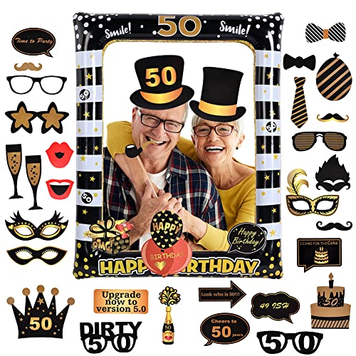 Flintronic 50.Geburtstag Deko Fotorequisiten, Schwarzes Gold Aufblasbarer Rahmen zum 50.Geburtstag und 35 Stück Foto Requisiten, Party Foto Booth Props für Partydeko, Partei Dekorationen von flintronic