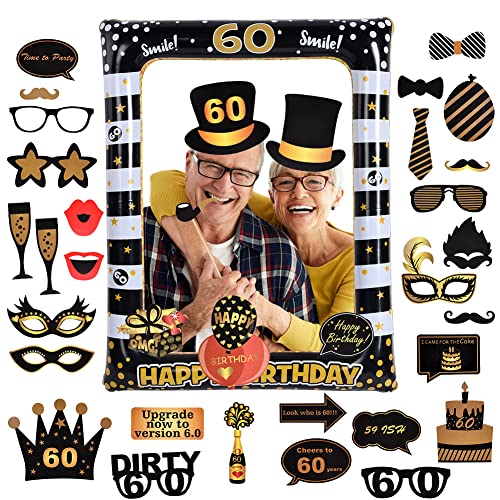 Flintronic 60.Geburtstag Deko Fotorequisiten, Schwarzes Gold Aufblasbarer Rahmen zum 60.Geburtstag und 35 Stück Foto Requisiten, Party Foto Booth Props für Partydeko, Partei Dekorationen von flintronic