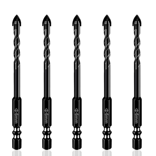 Flintronic Fliesenbohrer 6 mm, 5-teilig Glasbohrer Steinbohrer Bohrer Set, Wolframkarbid Bohrwerkzeug mit Sechskantschaft für Fliesen, Keramik, Glas, Kunststoff, Holz, Harte Materialien(Schwarz) von flintronic