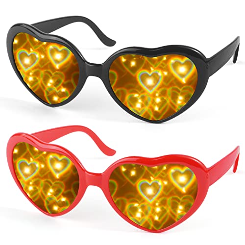 flintronic 2 Stücke Herze Brille, 3D Herz Glasses Beugungs Brille, Sonnenbrille Partybrillen, Retro Stil Festivalbrillen Brille für Raves, Musikfestivals, Kostümpartys, Karneval, Schwarz+Rot von flintronic