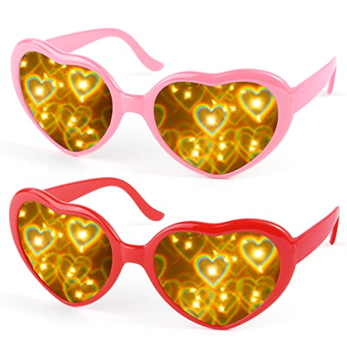 flintronic 2 Stücke Herze Brille, 3D Herz Glasses Beugungs Brille, Sonnenbrille Partybrillen, Retro Stil Festivalbrillen Brille für Raves, Musikfestivals, Kostümpartys, Karneval, Rosa+Rot von flintronic