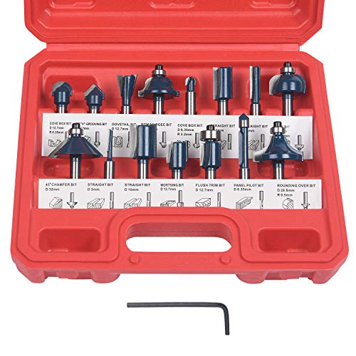 flintronic Fräser-Set, 6.35MM Fräsen Werkzeug Set, 15-tlg Holzkoffer Geschmiedeter Werkzeugstahl Oberfräser, Bündigfräser, Holzschneider mit Kunststoff-Box, Bodenreinigung für Holzbearbeitung von flintronic