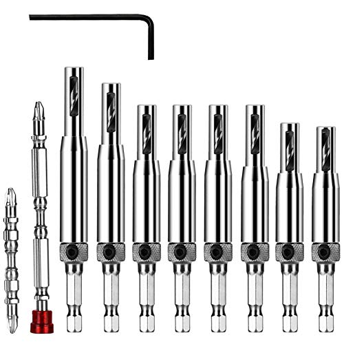 flintronic HSS Scharnierbohrer, 11 Stück Zentrierbohrer Satz, Schanierbohrerset, Selbstzentrierende Scharnier-Hardware Lochbohr Werkzeugsatz für Holzbearbeitung, Verstellbare Türfensterbohrer von flintronic