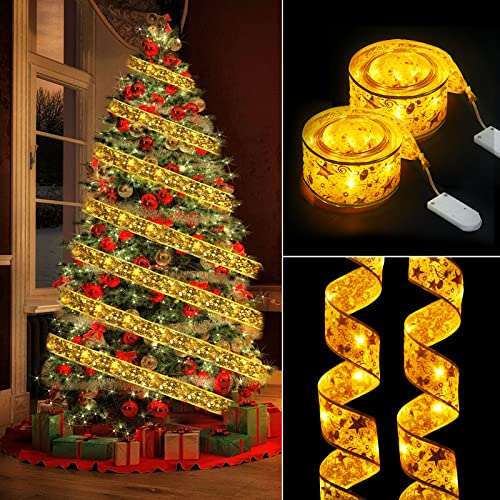 flintronic Weihnachtsband Lichter, 2M 20 LED Glänzende Band Lichterkette, Batteriebetriebene Schleife Weihnachtsbaum Band, für DIY Weihnachtsdekoration, für Hochzeit, Urlaubsdeko, Geschenkpapier von flintronic