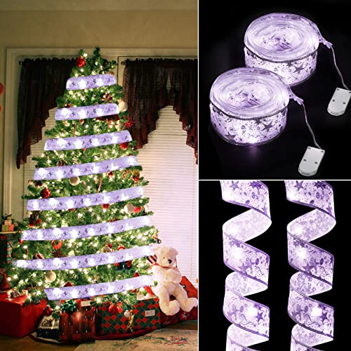 flintronic Weihnachtsband Lichter, 2M 20 LED Glänzende Band Lichterkette, Batteriebetriebene Schleife Weihnachtsbaum Band, für DIY Weihnachtsdekoration, für Hochzeit, Urlaubsdeko, Geschenkpapier von flintronic