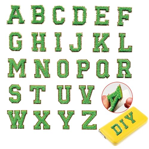 26 Stück selbstklebende Chenille-Buchstaben-Patches, Glitzer, Varsity-Buchstaben-Patches A-Z, zum Aufbügeln, goldfarbene Buchstaben, zum Aufbügeln, für Hemden, Jeans, Taschen, Handy (grün) von fokusent