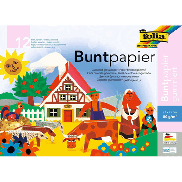5 x Folia Buntpapier Hefte gummiert 23x25cm 12 Blatt 12-farbig. von folia