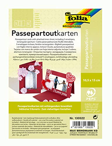 folia 130522 - Passepartouts mit rechteckiger Stanzung, ca. 10,5 x 15 cm, 5 Karten (220 g/qm) und Kuverts, dunkelrot - ideal für Einladungen, Glückwunsch- oder Grußkarten von folia