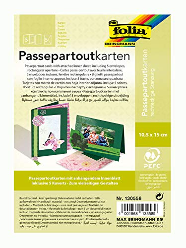 folia 130558 - Passepartouts mit rechteckiger Stanzung, ca. 10,5 x 15 cm, 5 Karten (220 g/qm) und Kuverts, tannengrün - ideal für Einladungen, Glückwunsch- oder Grußkarten von folia