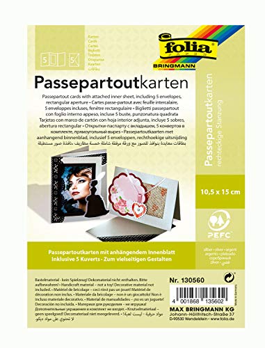 folia 130560 - Passepartouts mit rechteckiger Stanzung, ca. 10,5 x 15 cm, 5 Karten (220 g/qm) und Kuverts, silber - ideal für Einladungen, Glückwunsch- oder Grußkarten von folia
