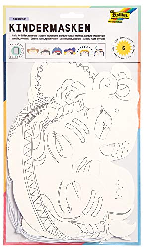 folia 23219 - Kindermasken Abenteuer, aus Pappe, Motive sortiert, 6 Stück, weiß, zum selbst Bemalen und Gestalten, für Kinder, Jungen und Mädchen, ideal für Kindergeburtstage und Partys von folia