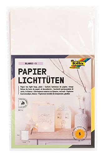 folia 11900 - Papier-Lichtertüten Blanko S, Tüten aus schwer entflammbarem Papier, 5 Stück je ca. 19 x 11,5 x 7 cm groß, stimmungsvolle Tischdekoration, für Gartenpartys, Geburtstage, Hochzeiten von folia