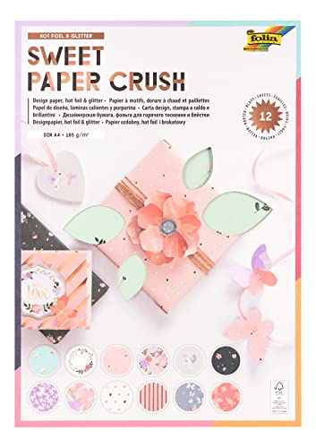 folia 11949 - Design Papier "Sweet Paper Crush", DIN A4, 165 g/m², hot foil & glitter, 12 Blatt sortiert in 12 verschiedenen Motiven, hochwertig illustriertes Papier mit Glitterapplikation von folia