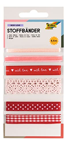 folia 12021 - Stoffbänder-Mix "Rosy Love" mit 6 unterschiedlichen Schleifenbändern in den Farben Rot, Weiß und Rosa, Bastelset zum Verzieren und Gestalten von folia
