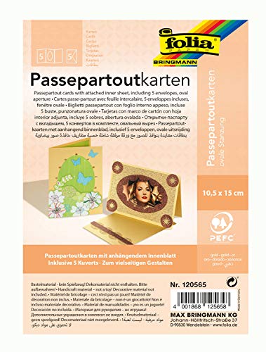 folia 120565 - Passepartouts mit ovaler Stanzung, ca. 10,5 x 15 cm, 5 Karten (220 g/qm) und Kuverts, gold - ideal für Einladungen, Glückwunsch- oder Grußkarten von folia
