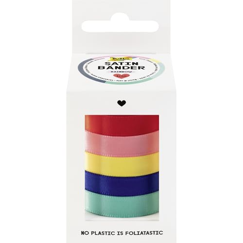 folia 12131 - Satinbänder RAINBOW, 5 x 4 m, Satinband Mix in Regenbogenfarben, als dekoratives Schleifenband oder als Geschenkband von folia