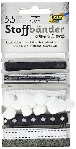 folia 12207 - Stoffbänder, 6 Stück, schwarz / weiß - ideal zum Dekorieren und Verzieren von folia