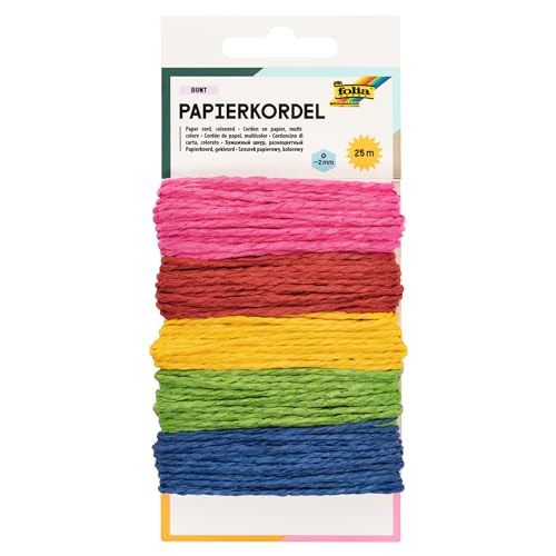 folia 12221 - Papierkordel Bunt, 5 farbig sortiert, je 5 m - Schnüre aus Papier zum verzieren von Bastelarbeiten, Handarbeiten und kleinen Geschenken von folia