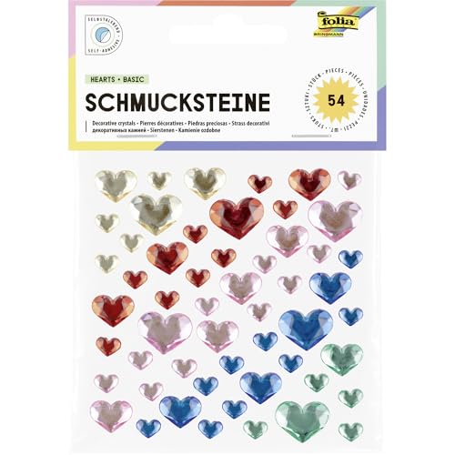 folia 12311 - Schmucksteine HEARTS BASIC, 54 herzförmige Glitzersteine in 5 Farben, Aufkleber in 3 Größen, selbstklebend, zum Verzieren und Dekorieren von folia