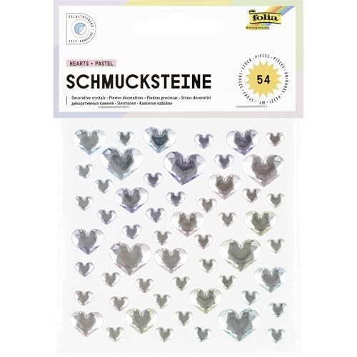 folia 12312 - Schmucksteine HEARTS PASTEL, 54 herzförmige Glitzersteine in 5 Pastellfarben, Aufkleber in 3 Größen, selbstklebend, zum Verzieren und Dekorieren von folia