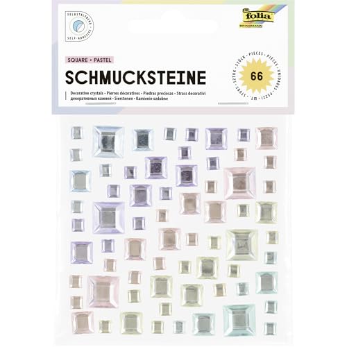 folia 12315 - Schmucksteine SQUARE PASTEL, 67 quadratische Glitzersteine in 5 Pastellfarben, Aufkleber in 3 Größen, selbstklebend, zum Verzieren und Dekorieren von folia
