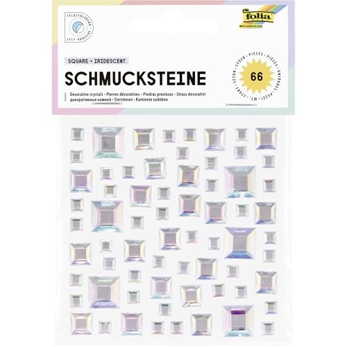 folia 12316 - Schmucksteine SQUARE IRIDESCENT, 67 quadratische Glitzersteine in irisierend-schillernd, Aufkleber in 3 Größen, selbstklebend, zum Verzieren und Dekorieren von folia