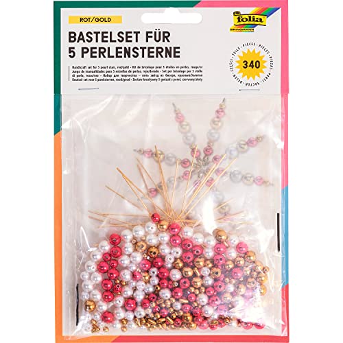 folia 12520 - Bastelset für 5 Perlensterne, rot / gold / perlweiß - ideal als selbstgemachte Dekoration für Weihnachten, Mittel folia 12520 - Bastelset für 5 Perlensterne, rot / gold / perlweiß - ideal als selbstgemachte Dekoration für Weihnachten, Mittel von folia