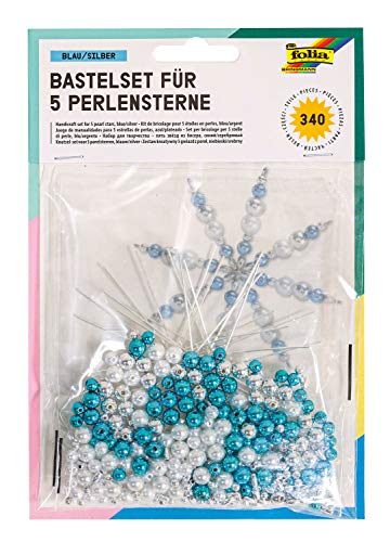 folia 12530 - Bastelset für 5 Perlensterne, blau / silber / perlweiß - ideal als selbstgemachte Dekoration für Weihnachten von folia
