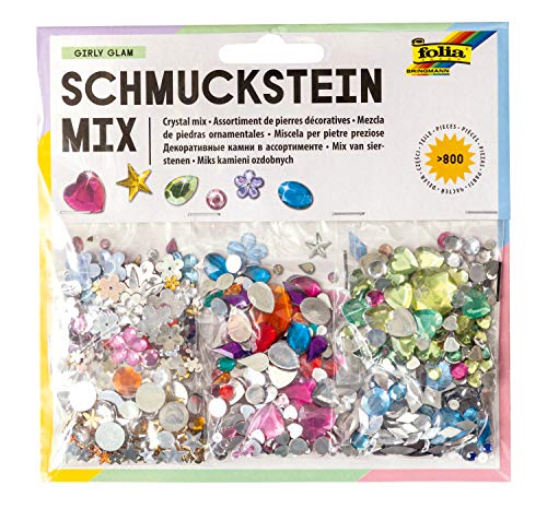 folia 12619 - Schmuckstein Mix Girly Glam, über 800 verschiedene Schmucksteine, sortiert in verschiedenen Formen und Farben, ideal zum Verzieren und Dekorieren Ihrer Bastelarbeiten von folia