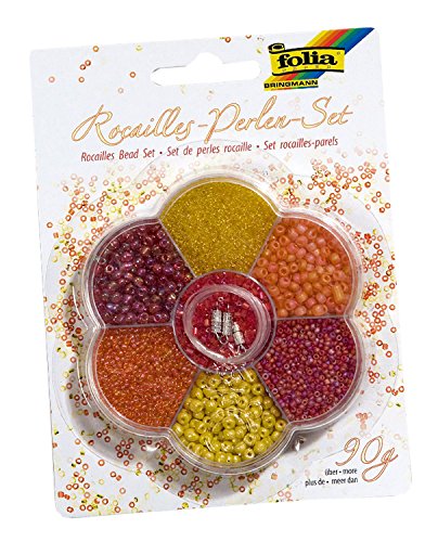 folia 12902 - Rocailles Perlenset, gelb / rot, mit ca. 90 g Perlen, Nylonfaden und Verschlüsse - zum Gestalten von Schmuck, Perlentieren und Accessoires von folia