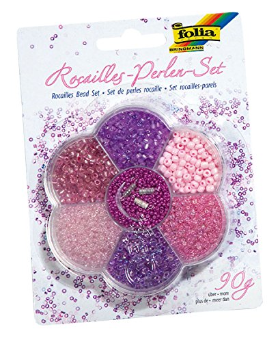 folia 12904 - Rocailles Perlenset, rosa / lila, mit ca. 90 g Perlen, Nylonfaden und Verschlüsse - zum Gestalten von Schmuck, Perlentieren und Accessoires von folia