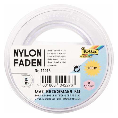 folia 12916 - Nylonfaden auf Spule, transparent, ca. 0,16 mm x 100 m, Tragkraft 0,85 kg, kaum sichtbarer Faden ideal für Mobiles, Schmuck, zur Dekoration usw. von folia