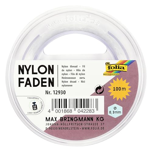 folia 12930 - Nylonfaden auf Spule, ca. 0,3 mm x 100 m, Transparent, Tragkraft 2,5 kg, kaum sichtbarer Faden für Mobiles, Schmuck, zur Dekoration usw. von folia