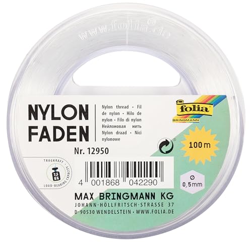 folia 12950 - Nylonfaden auf Spule, transparent, ca. 0,5 mm x 100 m, Tragkraft 7,5 kg, kaum sichtbarer Faden ideal für Mobiles, Schmuck, zur Dekoration usw. von folia