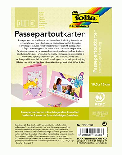 folia 130526 - Passepartouts mit rechteckiger Stanzung, ca. 10,5 x 15 cm, 5 Karten (220 g/qm) und Kuverts, rosa - ideal für Einladungen, Glückwunsch- oder Grußkarten von folia