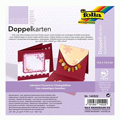 folia 140522 - Doppelkarten ca. 13,5 x 13,5 cm, je 5 Karten (220 g/qm), Kuverts und Einlagen, dunkelrot - ideal für Einladungen, Glückwunsch- oder Grußkarten von folia