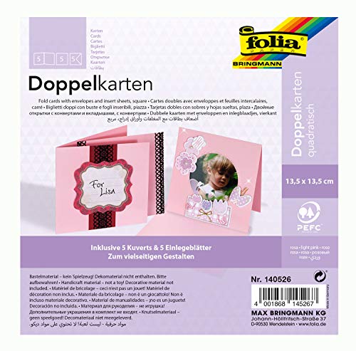 folia 140526 - Doppelkarten ca. 13,5 x 13,5 cm, je 5 Karten (220 g/qm), Kuverts und Einlagen, rosa - ideal für Einladungen, Glückwunsch- oder Grußkarten von folia