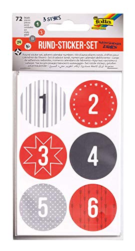 folia 15490 - Adventskalender Zahlen, 72 Rund-Sticker, 3 x 4 Bogen, 3 verschiedene Styles, zum Nummerieren Ihres selbstgebastelten Adventskalenders von folia