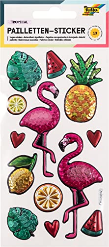 folia 19704 - Pailletten - Sticker IV mit Flamingo Motiven, metallisch schimmernde Kunststoffsticker, 13 Stück, ideal geeignet zum Verzieren von Grußkarten, Bastelarbeiten und Scrapbooking von folia