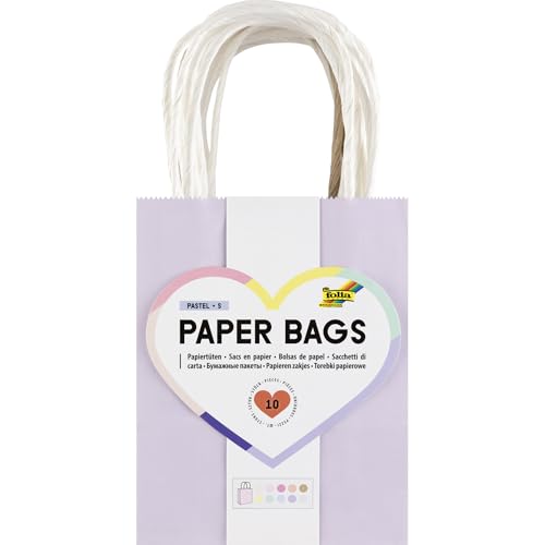 folia 21249/10 - Paper Bags Pastel S, 10 Papiertüten aus 110-125 g/m² Kraftpapier in 10 Pastellfarben, ca. 12 x 15 x 5,5 cm, zum Basteln, Verzieren und Verschenken von folia