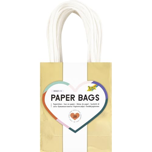 folia 21269 - Paper Bags Gold S, 20 Papiertüten aus 110 g/m² Kraftpapier in Gold, ca. 12 x 15 x 5,5 cm, zum Basteln, Verzieren und Verschenken von folia
