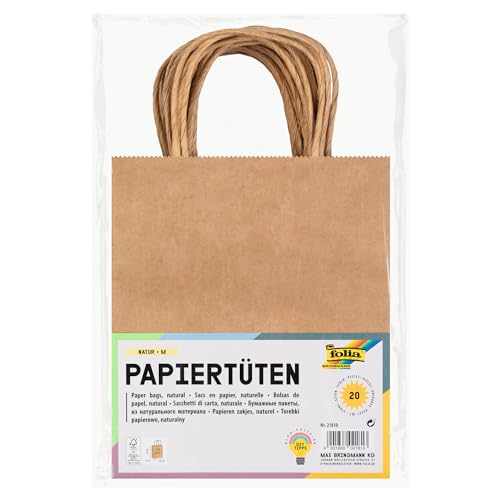 folia 21810 - Papiertüten aus Kraftpapier, Geschenktüten, 20 Stück, 18 x 8 x 21 cm, natur - zum Basteln, Verzieren und Verschenken von folia