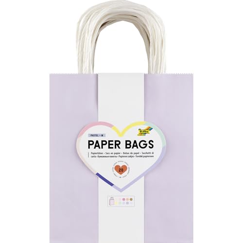 folia 21849 - Paper Bags Pastel M, 20 Papiertüten aus 110-125 g/m² Kraftpapier in 7 Pastellfarben, ca. 18 x 21 x 8 cm, zum Basteln, Verzieren und Verschenken von folia