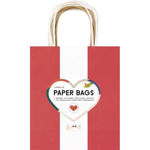 folia 21859/7 - Paper Bags Classic M, 7 Papiertüten aus 110-125 g/m² Kraftpapier in 5 Farben, ca. 18 x 21 x 8 cm, zum Basteln, Verzieren und Verschenken von folia