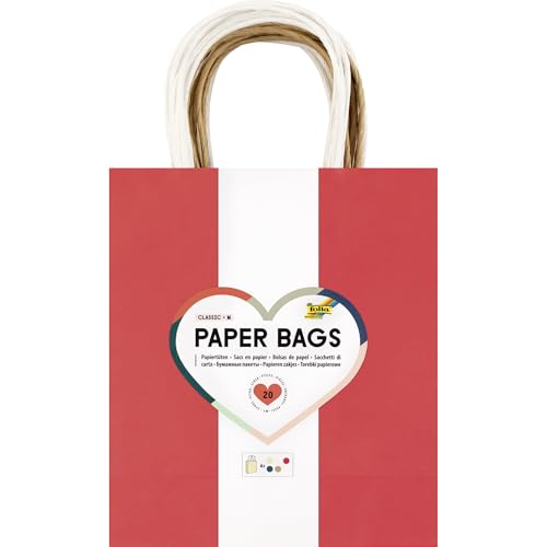 folia 21859 - Paper Bags Classic M, 20 Papiertüten aus 110-125 g/m² Kraftpapier in 5 Farben, ca. 18 x 21 x 8 cm, zum Basteln, Verzieren und Verschenken von folia